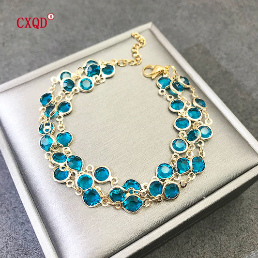 Luckacco Beautiful Fashion Multicolor Stainless Steel Lobster Clasp Glass Copper Combination Golden Bracelets For Women Girls Kids Gift