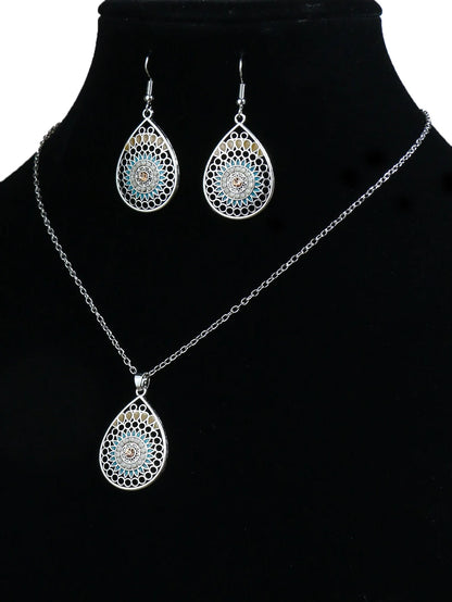 Luckacco Ethnic Feng Shui Droplet Hollow Colored Glazed Earrings for Women Bohemian Vacation Short Necklace Jewelry Set