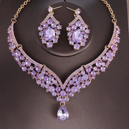 Luckacco Luxury Crystal AB Color Choker Necklace Earrings Set Rhinestone Bridal Jewelry Sets for Bride Wedding Party Costume Bijoux Femme