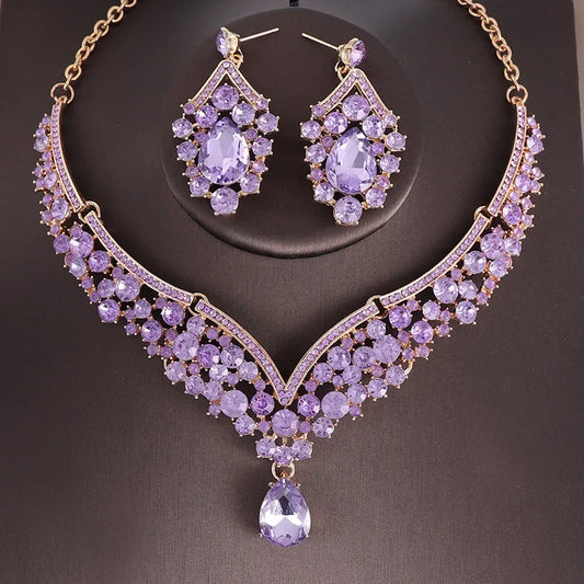 Luckacco Luxury Crystal AB Color Choker Necklace Earrings Set Rhinestone Bridal Jewelry Sets for Bride Wedding Party Costume Bijoux Femme