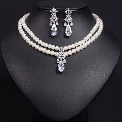 Luckacco Women's Light Luxury Design Imitation Pearl Water Droplet Necklace Earring Set Fashionable And Versatile Niche Design Sense Set