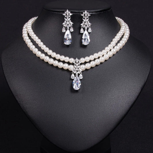Luckacco Women's Light Luxury Design Imitation Pearl Water Droplet Necklace Earring Set Fashionable And Versatile Niche Design Sense Set
