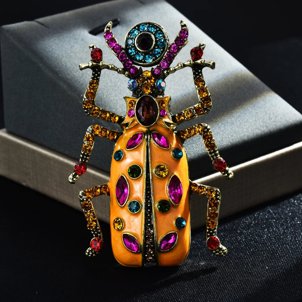 luckacco big crystal beetle with big coin eye enamel insect brooch 4 colors