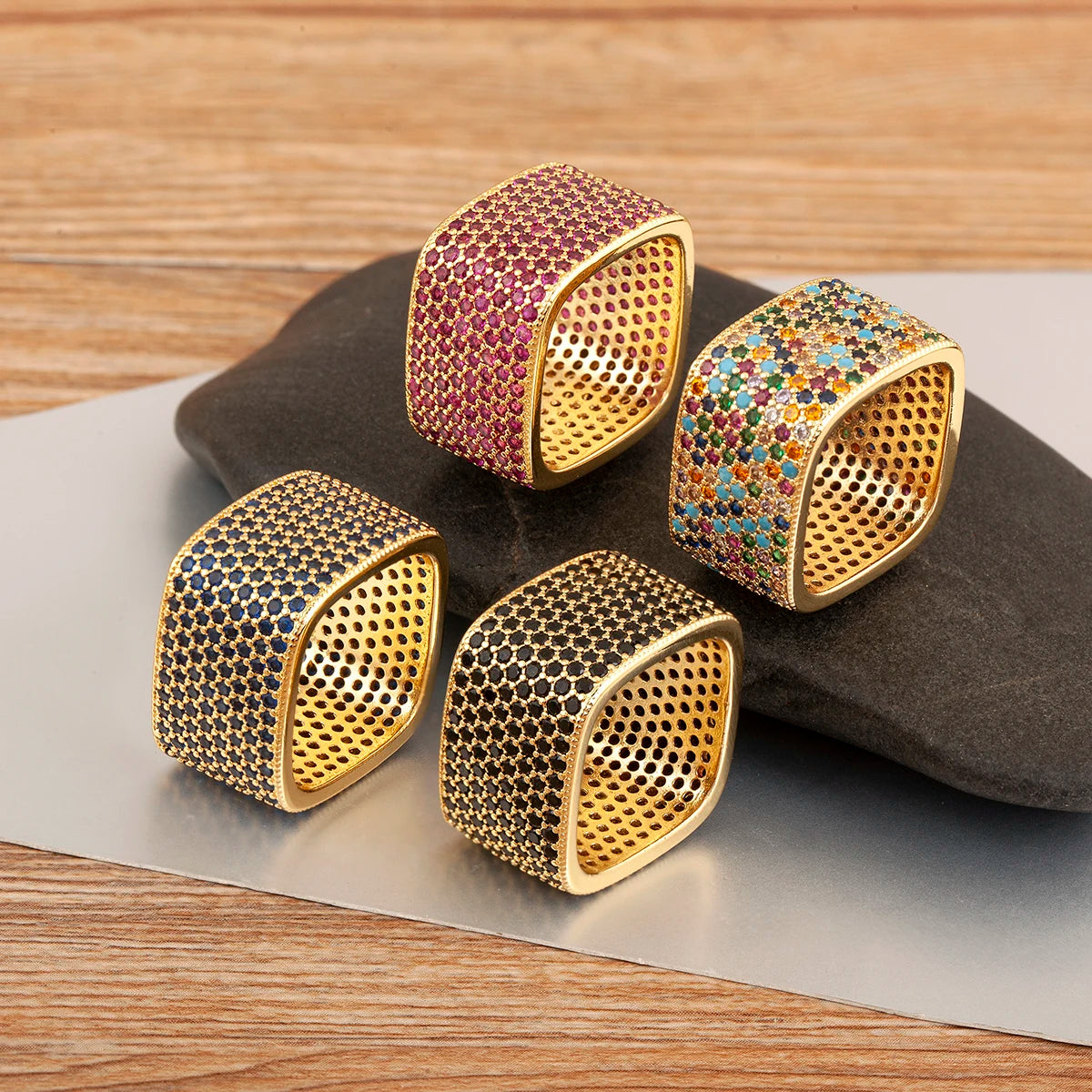 luckacco nidin new trendy square shape inlaid crystal zircon rings for women men 5 colors choice hip hop style finger jewelry chic gifts