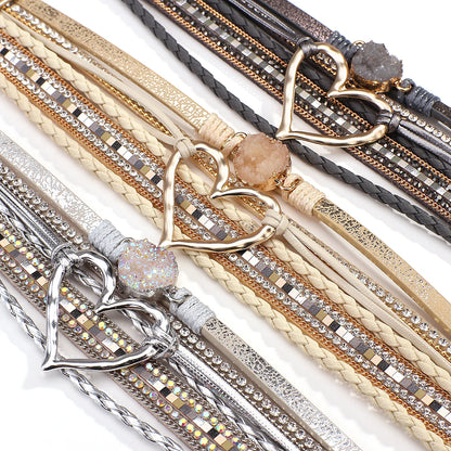 Luckacco Amorcome Fashion Braided Leather Wrap Bracelets Bangles Multilayer Resin Stone Hollow Heart Charm Bracelets Women Gift Pulseira