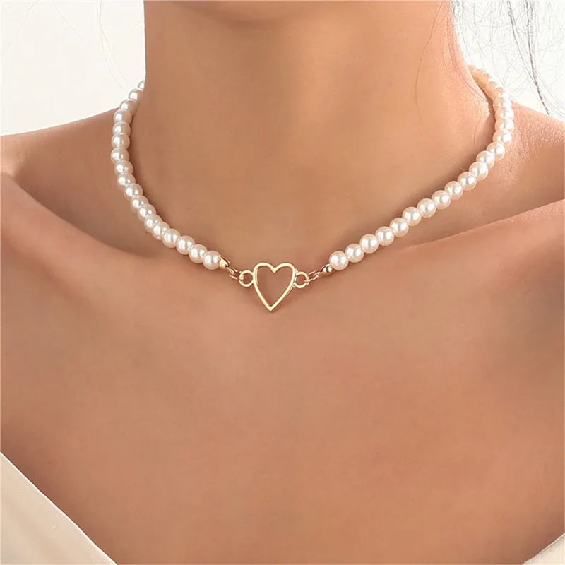 luckacco imitation pearl trendy love heart  choker necklace female personality party fashion clavicle collier colar perlas collar gift