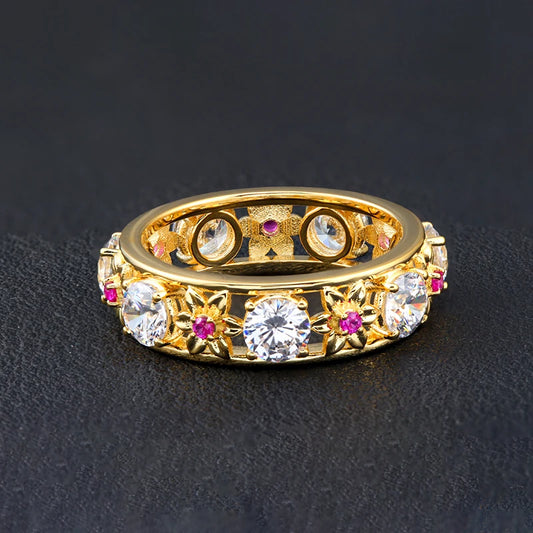 Luckacco Stylish young art petal colorful gemstone hollow romantic lady sterling silver ring