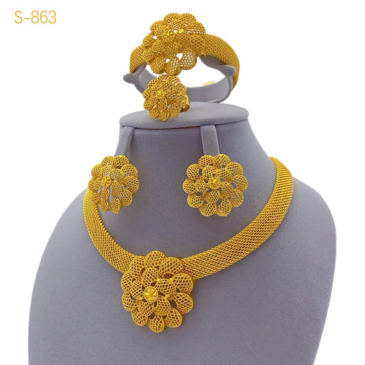 Luckacco XUHUANG Luxury Flower Necklace Sets For Women Wedding Dubai Gold Plated African Jewelry Set Indian Jewellery Anniversary Gifts
