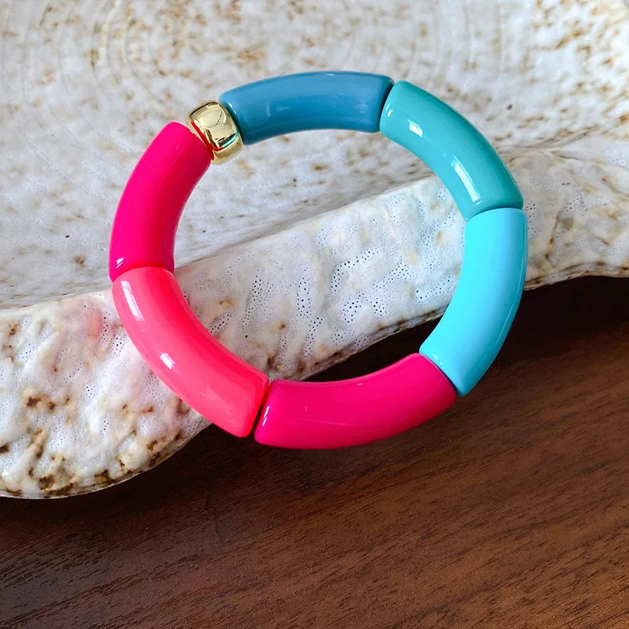 luckacco splicing bamboo tube acrylic smudging bangles for women men fashion geometric elastic bracelets bangles jewelry couple gifts f