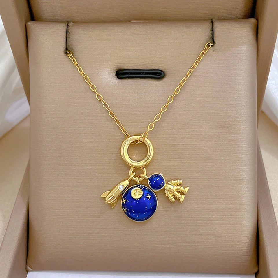 luckacco light luxury titanium steel star series necklace for women gold color planet moon astronaut pendant necklaces jewelry gifts