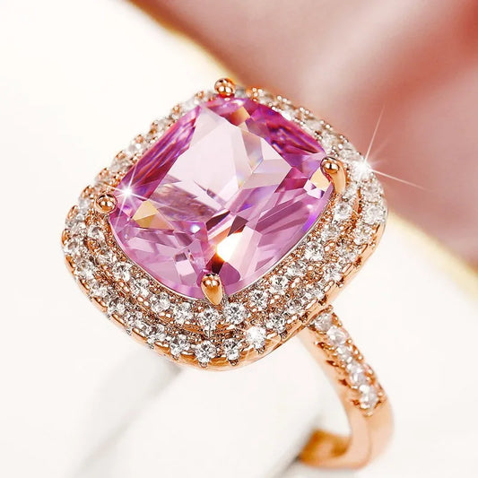 Luckacco Pink Cubic Zirconia Ring Suitable for Women's Engagement Wedding Luxury Accessories Sparkling Silver Fashion Jewelry