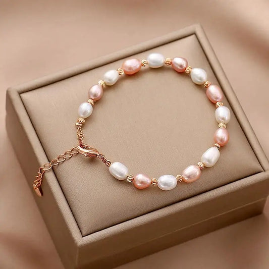 Luckacco Kpop Oval Imitation Pearl Bracelets For Woman Elegant Baroque Champagne Pearl Beads Chain Charm Bracelet Wedding Jewelry