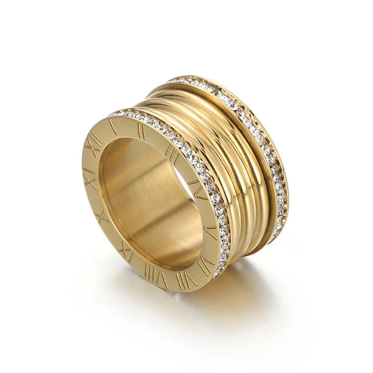 Luckacco Elegant Stainless Steel Large Rings for Women Roman Alphabet Shiny Zircon Ring Chunky Anillos Mujer Party Wedding Jewelry Luxury