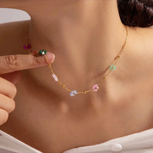 Luckacco Colorful Flower Chain Stainless Steel Necklace Bracelet Set Plating Waterproof Jewelry For Ins Exquisite Jewelry