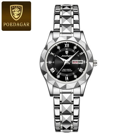 Luckacco POEDAGAR Fashion Ladies Wristwatch Week Date Luminous Waterproof Woman Watch Stainless Steel Luxury Women's Quartz Watches reloj