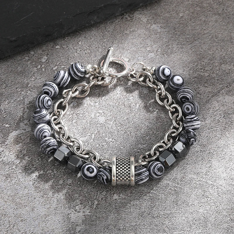 luckacco 2pcs/set natural chakra energy stone health slimming magnetic therapy men's beaded stainless steel bracelet biomagnetic bracelet