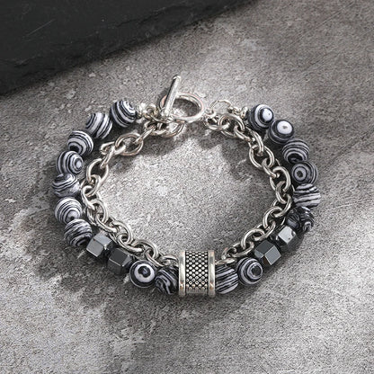 Luckacco 2Pcs/Set Natural Chakra Energy Stone Health Slimming Magnetic Therapy Men's Beaded Stainless Steel Bracelet Biomagnetic Bracelet