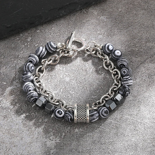 Luckacco 2Pcs/Set Natural Chakra Energy Stone Health Slimming Magnetic Therapy Men's Beaded Stainless Steel Bracelet Biomagnetic Bracelet