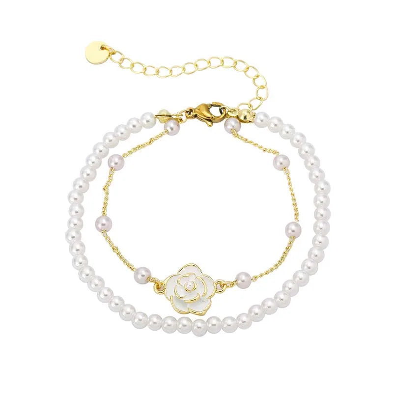 luckacco vintage white camellia flower bracelets for women elegant double layer simulated pearl beads chain bracelet jewelry 2025 trend