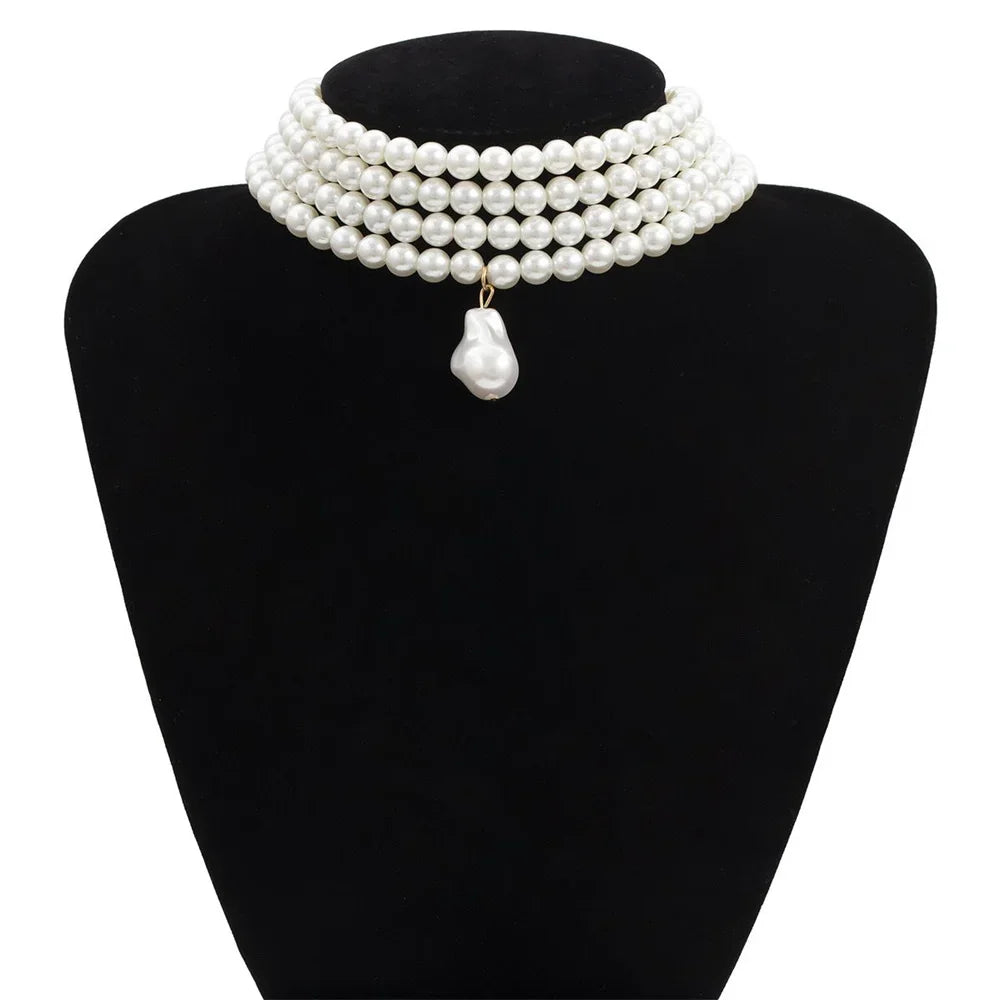 luckacco fashion vintage multilevel imitation pearl choker chain necklace for women female boho baroque geometry pendant jewelry gift