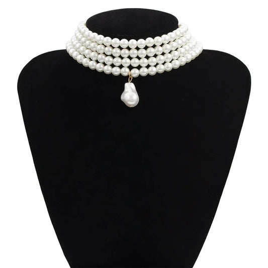 Luckacco Fashion Vintage Multilevel Imitation Pearl Choker Chain Necklace For Women Female Boho Baroque Geometry Pendant Jewelry Gift