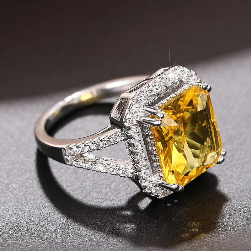 luckacco 2025 big geometric yellow cubic zirconia rings women temperament accessories for wedding anniversary party new trendy jewelry