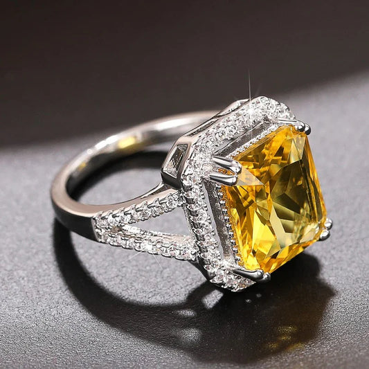Luckacco 2025 Big Geometric Yellow Cubic Zirconia Rings Women Temperament Accessories for Wedding Anniversary Party New Trendy Jewelry