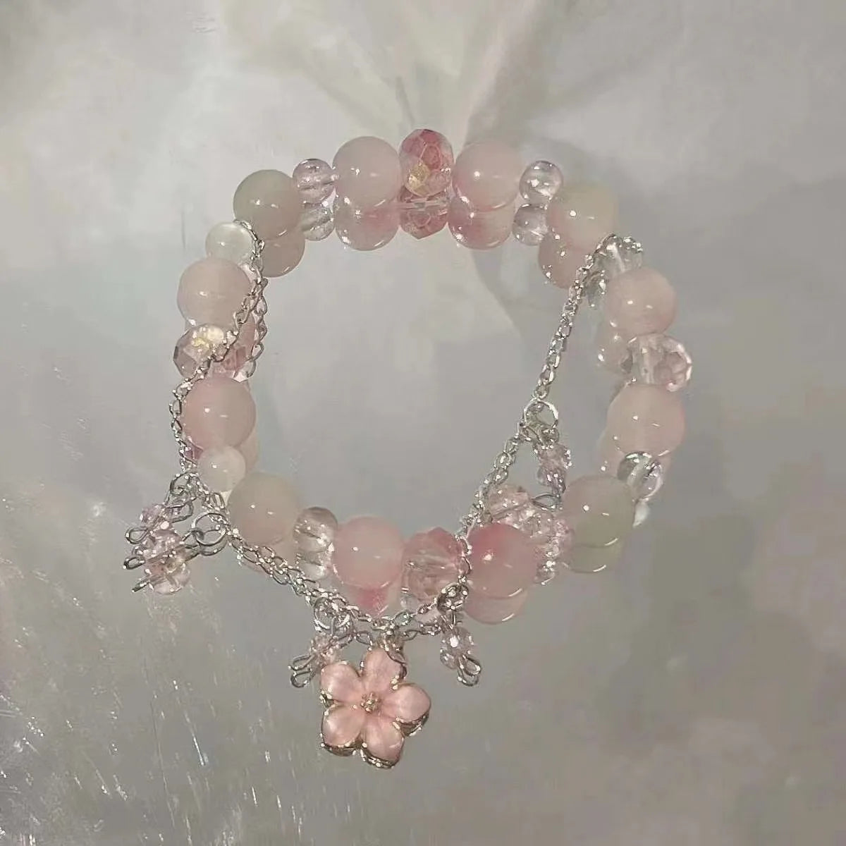 luckacco new fashion y2k sweet cherry blossom bracelet for women exquisite elegant flower crystal beaded bracelet girl party jewelry gift