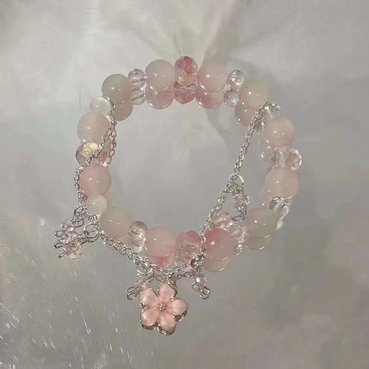 Luckacco New Fashion Y2K Sweet Cherry Blossom Bracelet For Women Exquisite Elegant Flower Crystal Beaded Bracelet Girl Party Jewelry Gift
