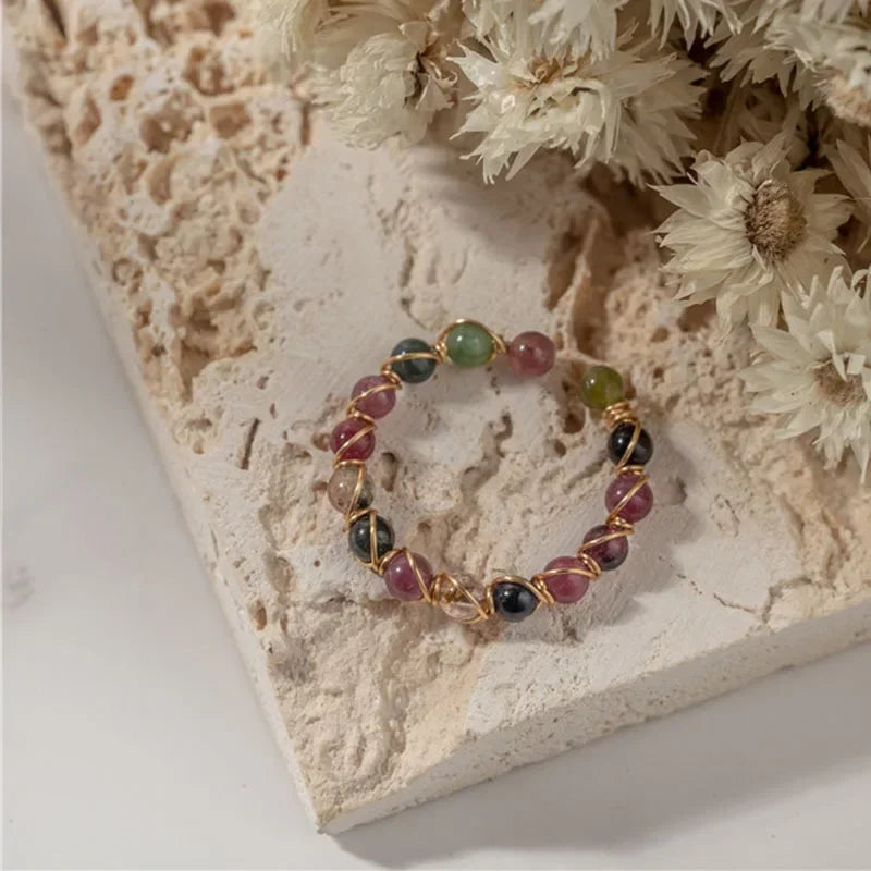 luckacco fashion retro handmade metal wire winding beaded natural stone rainbow tourmaline ring open adjustable ring female charm jewelry