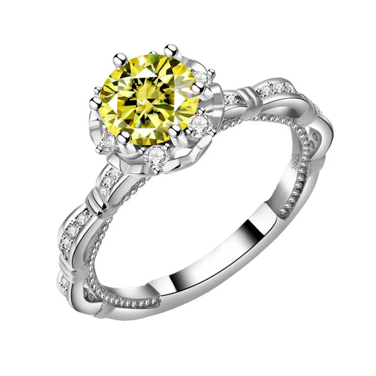 Luckacco 100% True1ct Yellow Green Moissanite Vintage Ring GRA Certificate Passed Diamond Test Women Anniversary Jewelry Gift S925 Silver