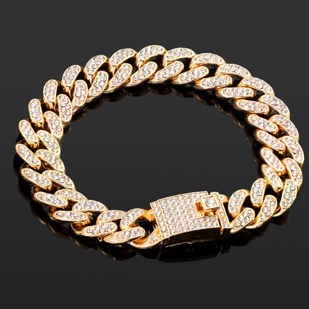 luckacco iced out pink cuban bracelet for women hip hop gold silver color crystal heart circle square bracelet 4pcs set jewelry gift