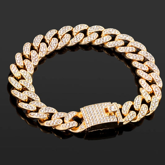 Luckacco Iced Out Pink Cuban Bracelet for Women Hip Hop Gold Silver Color Crystal Heart Circle Square Bracelet 4Pcs Set Jewelry Gift