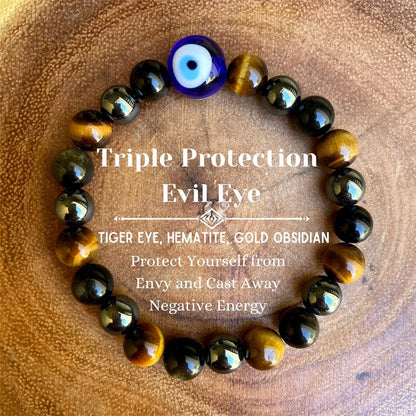 Luckacco Triple Protection Bracelet, Blue Tigers Eye Black Bile Obsidian Evil Eye Beaded Bracelet, Handmade Stretch Beaded Bracelets