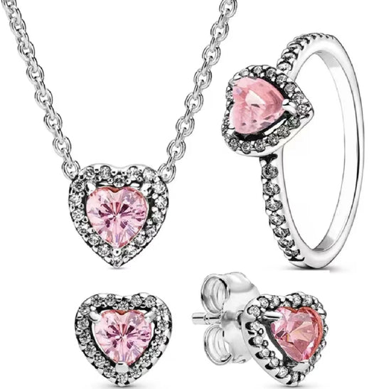 Luckacco New 925 sterling silver heart-shaped pink ring necklace earring set luxurious sparkling charm jewelry fashion wedding gift