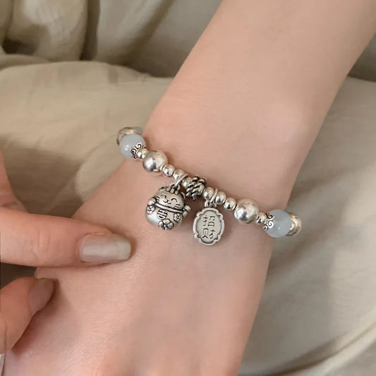 Luckacco New 925 Silver Geometric Bead Punk Peace of Mind Words Irregular String Bracelet For Woman Girl Fashion Jewelry Gift Dropship