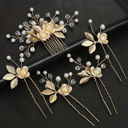 Luckacco 5 Pcs Crystal Luxury Hair Accessories Set Sweet Romantic Women's Bride Party Wedding Accessories Jewelry Hair Clip Hair Comb Set