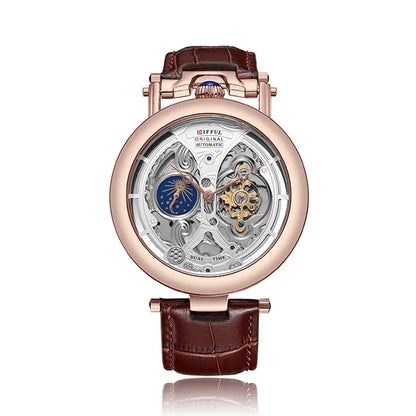 Luckacco DIFFUL Luxury Big Skeleton Dial Mens Watch Moon Phase Tourbillon Leather Men Automatic Watches