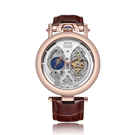 Luckacco DIFFUL Luxury Big Skeleton Dial Mens Watch Moon Phase Tourbillon Leather Men Automatic Watches