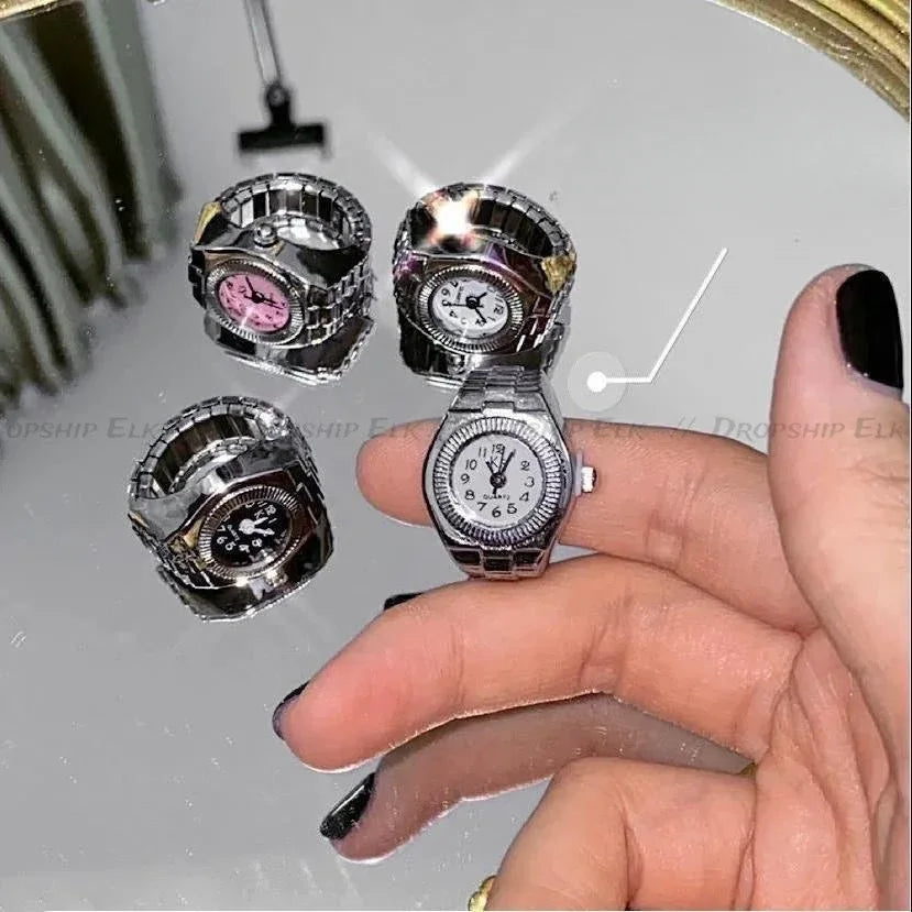 luckacco vintage punk quartz finger watch ring for women men couple rings digital watches elastic stretchy finger band ring jewelry clock