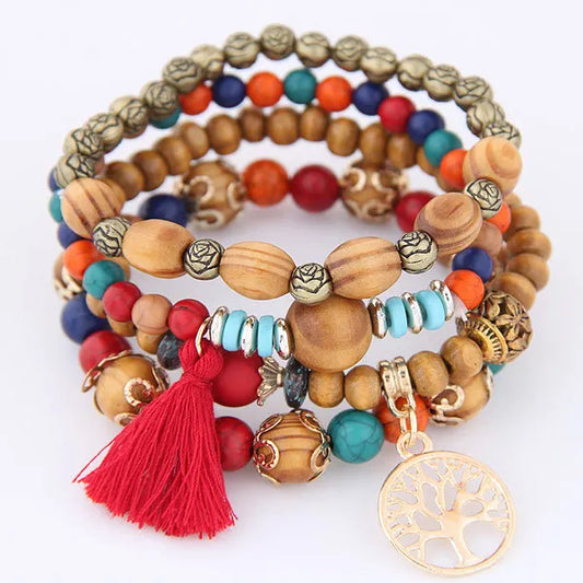 Luckacco DIEZI Bohemian Multicolor Pink Crystal Beads Bracelets Women Girls Elastic Tassel Wing Letters Rope Bracelet Pulseira Feminina