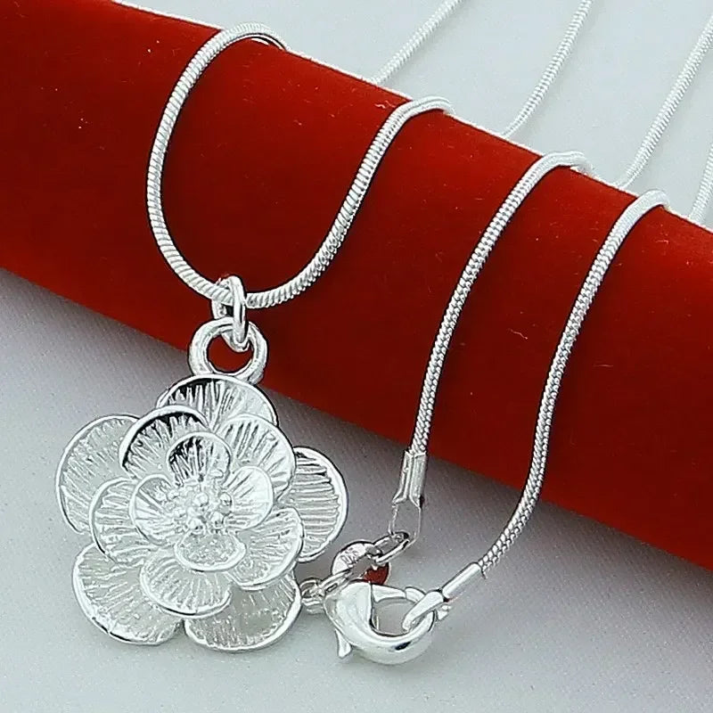 luckacco silver color rose flower pendant necklace 18/20-24/26/30 inch snake chain for women wedding engagement jewelry