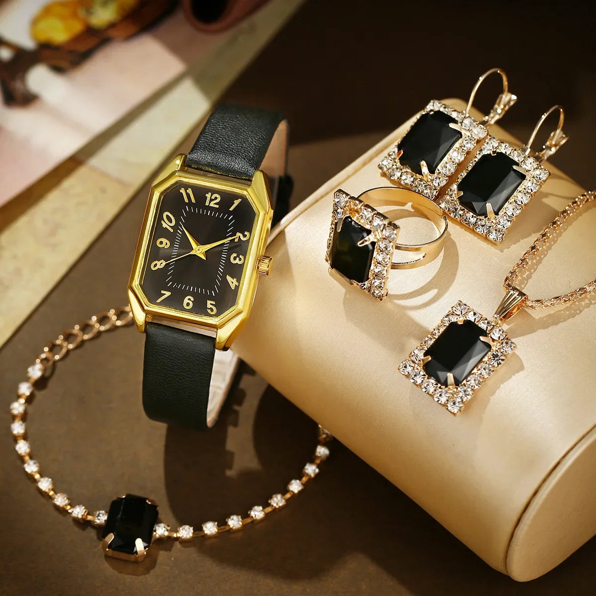 luckacco 6/5/1pcs luxury fashion square women's watches brand ladies quartz wristwatch jewelry set classic simple femme relogio feminino