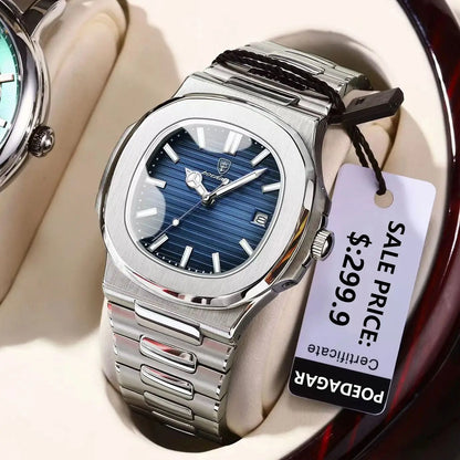 Luckacco POEDAGAR Luxury Casual Watch Top Brand Fashion Square Dial Stainless Steel Calendar Luminous Waterproof Men Watch Male Clock+Box