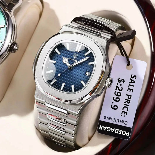 Luckacco POEDAGAR Luxury Casual Watch Top Brand Fashion Square Dial Stainless Steel Calendar Luminous Waterproof Men Watch Male Clock+Box
