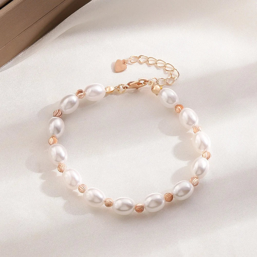 luckacco classic baroque ellipse gold color pearl beaded bracelet foe women charm trendy adjustable bride bangle jewelry accessory gift