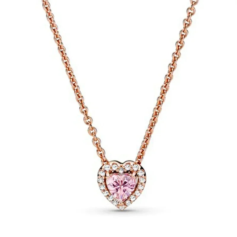 luckacco new 925 sterling silver heart-shaped pink ring necklace earring set luxurious sparkling charm jewelry fashion wedding gift