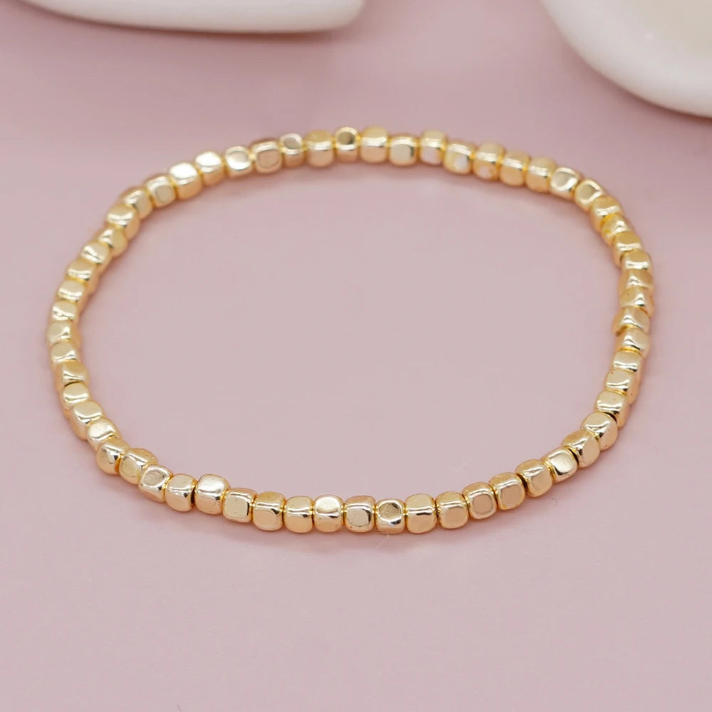 luckacco 1pc square hematite stone bracelets golden beaded stacking elastic stretch handmade fashion unisex jewelry hawaii trendy
