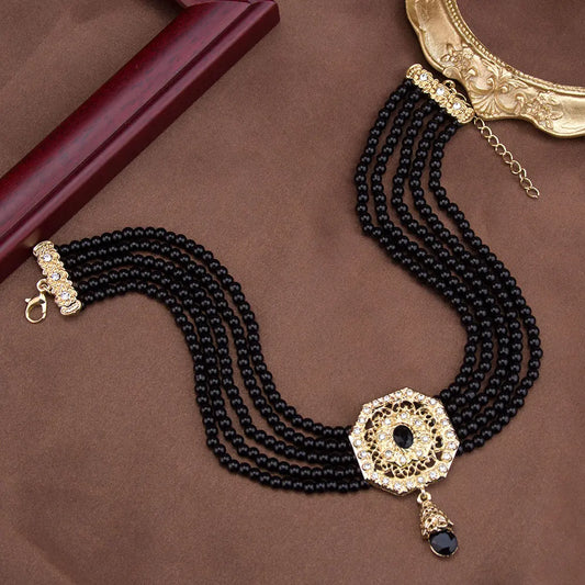 Luckacco Sunspicems Chic Morocco Jewelry Bead Chain Choker Necklace For Women Gold Color Square Mesh Pendnat Arabic Bridal Wedding Bijoux