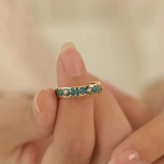 Luckacco Exquisite Design Green Enamel Rings Retro Aestheticism Gold Color Metal Enamel Process Pattern Rings Jewelry